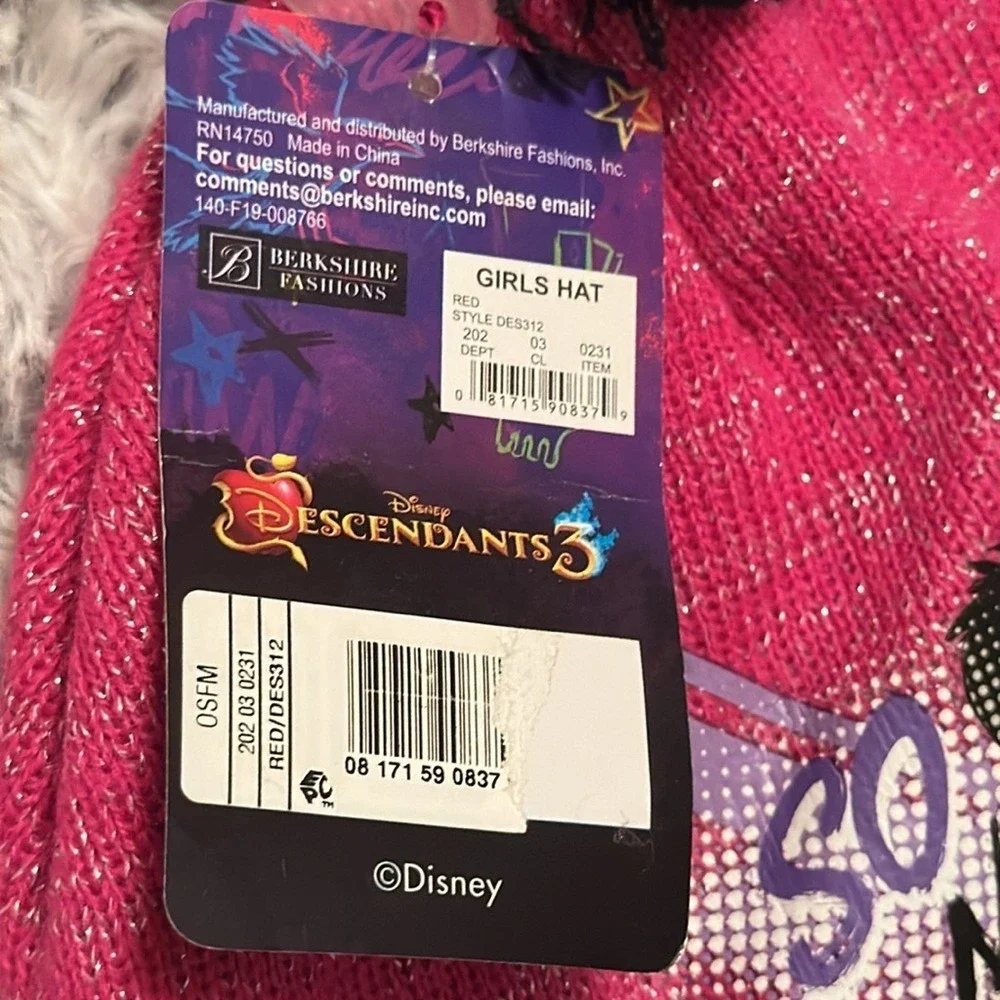 Disney Descendants 3 Girls Beanie Hat Pink Metallic Knit Pom Pom Ear Flaps NEW